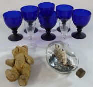 Set of 6 nineteenth century Bristol blue wine goblets (14.5cm tall), ship in a bottle, 2 engraved