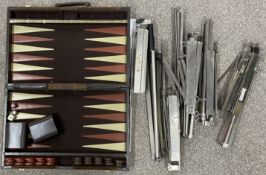 Cased backgammon set & 5 folding sheet music stands