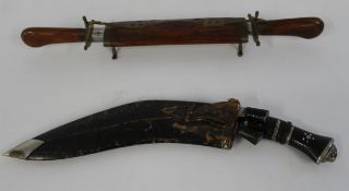 Antique Indian carving set with a carved hardwood and brass case plus  Kukri knife with metal