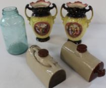 Large Horlicks jar, 2 stoneware hot water bottles & pair of Victorian vases
