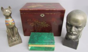 Bronzed Veronese Egyptian cat & bust of Lenin marked Akceho to rear,  lacquered Chinese design box