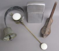 Brass door bell, AJK foot last & oversized zippo style lighter marked Japan