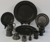 Various items of pewter, some items marked London, 42cm charger, 2 x 25cm chargers, 34cm charger,