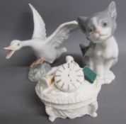 Lladro goose & cat and possibly Staffordshire trinket pot with pocket watch decoration