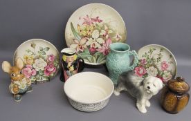 3 hand painted C Buckley plates, large Pendelfin rabbit, Rogild Denmark bowl, Sylvac 5395 lidded