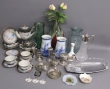 Collection of items includes Crown Staffordshire bottle labels, commemorative coin, silver plate,