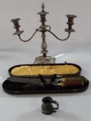 Silver plate candelabra 35cm, small pewter mug, bone handled steel carving set in box