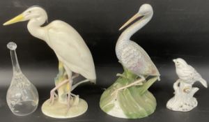 Hutschenreuther ceramic stork & one other, bird on a tree stump ornament  & a glass bell