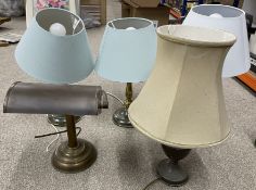 4 brass table lamps & a library table lamp (to be wired)