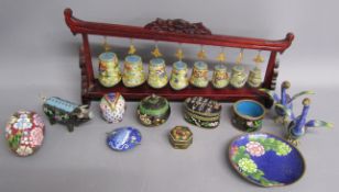 Set of 8 Chinese graduated bells on frame and collection of cloisonne includes pig, owl, geese, pots