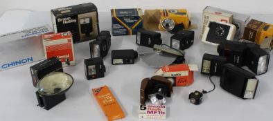 Selection of flash guns, various makes and type plus spare bulbs. All untested