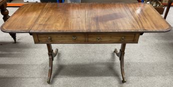 Early 20th century Regency style mahogany sofa table with brass stringing (some lifted/missing)