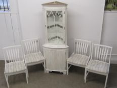 4 white dining chairs and upcycled corner cabinet with cupboard and shelving