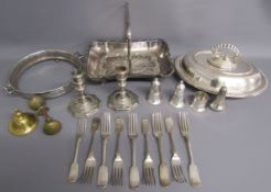 Collection of silver plate to include basket, entree dish, candlesticks, JH Potter forks etc
