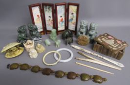 Chinese table screen with painted ladies and birds on reverse, soap stone dogs of foo, jade pig,