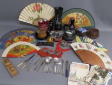 Wooden vases and lidded box with mother of pearl inlay, Chinese balls, jewellery, WMF cutlery, fans,