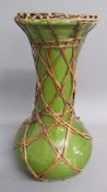 Japanese Kyoto Awaji Ware green glaze pottery vase with wicker cover - approx. 17.5cm tall