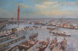 Framed George Odlin '94 signed oil on canvas of Grimsby docks - approx. 101cm x 71cm