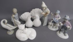 Figurines consisting of Lladro Couple of Doves 1169, Saint Joseph 4672 (missing staff), Girl with