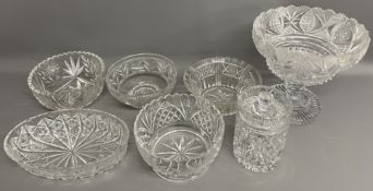 Large cut glass stemmed fruit bowl, 5 crystal bowls & a biscuit barrel