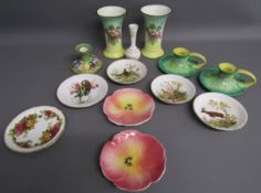 Pair yellow and green drip Shelley candlesticks, Tuscan flower candlestick, vases, trinket dishes