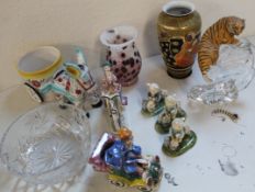 Mixed selection of ceramic figurines, vases, crystal glass bowl, Satsuma style vase 22cm and a