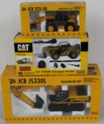 3 x die cast models, JCB JS330L Tracked excavator 1/35, JCB 525-58 Loadall 1/50, CAT TH360B