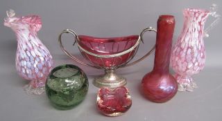 Silver-plate bon-bon dish with pink liner, iridescent pink glass vase, jugs, dishes etc