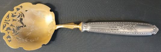 Cased French strawberry serving spoon with indistinct marks, 24cm long