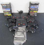 3 Sega Mega Drive 2s, with 5 standard controllers and one competition pro controller, with 14