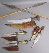 Spear shaped dagger with snake skin sheath - pair horn and brass handled daggers & Khukri style
