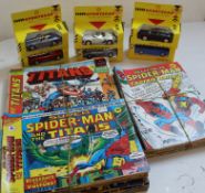 Selection of comics and model cars, The Titans editions 1-4 2x5, 6-11, 2 x 11, 14, Super Spiderman