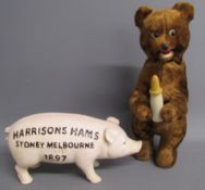 Clockwork toy bear with milk bottle - key marked with L - winds and works and Harrison Hams