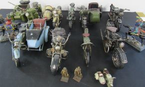 Collection of large metal motor bike models, 2 bronze figures and 2 metal figures on horse back
