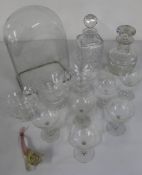 A selection of glassware including display dome 33cm h, 6 etched champagne glasses. 2 crystal