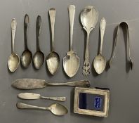 Silver spoons, butter knives, sugar bow & a miniture picture frame (weight of silver cutlery 5.9