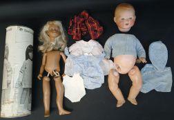 Sasha doll with clothes & original cardboard tube and Armand Marseille bisque head doll 351 / 6K