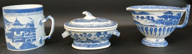 Three pieces of 19th century blue and white Chinese Canton export ware - helmet pitcher with angular