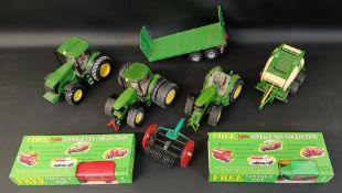 Britains Ertle John Deere tractor, 2 Siku tractors, trailer & baler, 2 x Typhoo Tea vintage vans