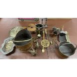 Various copper & brass ware including coal scuttle, jam pan, trivet, shovel etc