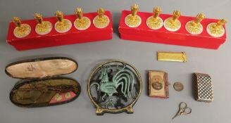 Two boxed sets of place card holders, early 19th century set of pocket scales in toleware case,
