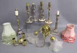 Candlesticks converted to lamps, 3 branch ceiling light and lamp shades