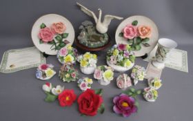 Franklin Mint Roses of Capodimonte plates & York and Lancaster roses, porcelain flower baskets