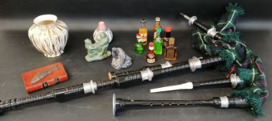 Set of modern bagpipes (some pieces missing), Arthur Wood vase and one other, selection of miniature