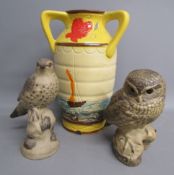 Barbara Linley Adams Poole pottery thrush and owl also tyg vase with hand painted boat scenes marked