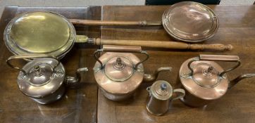 3 copper kettles, coffee pot & 2 warming pans