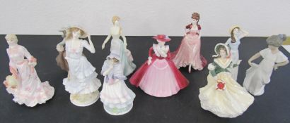 10 porcelain female figurines, including Nao, Coalport, Royal Worcester and Royal Doulton