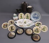 Pot lids Hide and Seek, The residence of Anne Hathaway & Dr Johnson, 8 Madryn miniature ovals,