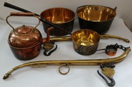 Pair of brass horse hames, copper kettle, 2 brass pans, brass jam pan & small copper pan