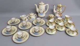 Noritake Japan Lake House coffee set and Japanese mountain scene egg shell coffee set with side